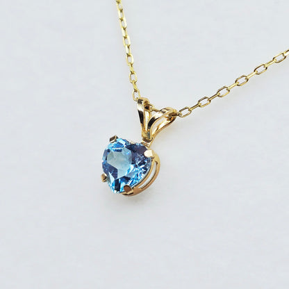10K Solid Gold Blue Topaz Pendant Necklace , Genuine Blue Topaz Heart Necklace Charm in Solid Gold