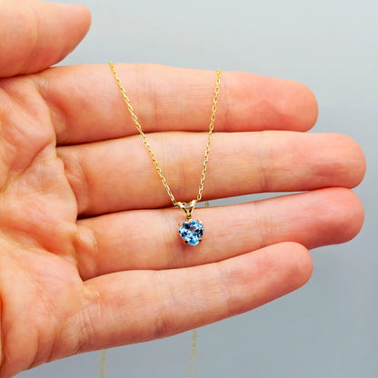 10K Solid Gold Blue Topaz Pendant Necklace , Genuine Blue Topaz Heart Necklace Charm in Solid Gold