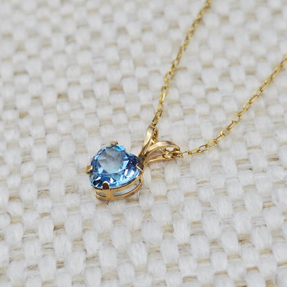 10K Solid Gold Blue Topaz Pendant Necklace , Genuine Blue Topaz Heart Necklace Charm in Solid Gold