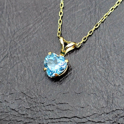 10K Solid Gold Blue Topaz Pendant Necklace , Genuine Blue Topaz Heart Necklace Charm in Solid Gold