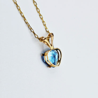 10K Solid Gold Blue Topaz Pendant Necklace , Genuine Blue Topaz Heart Necklace Charm in Solid Gold