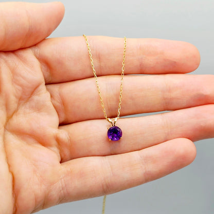 Gold Amethyst Pendant Necklace , 10K Yellow Gold Genuine Amethyst 6mm Pendant