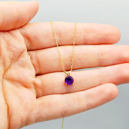 Gold Amethyst Pendant Necklace , 10K Yellow Gold Genuine Amethyst 6mm Pendant