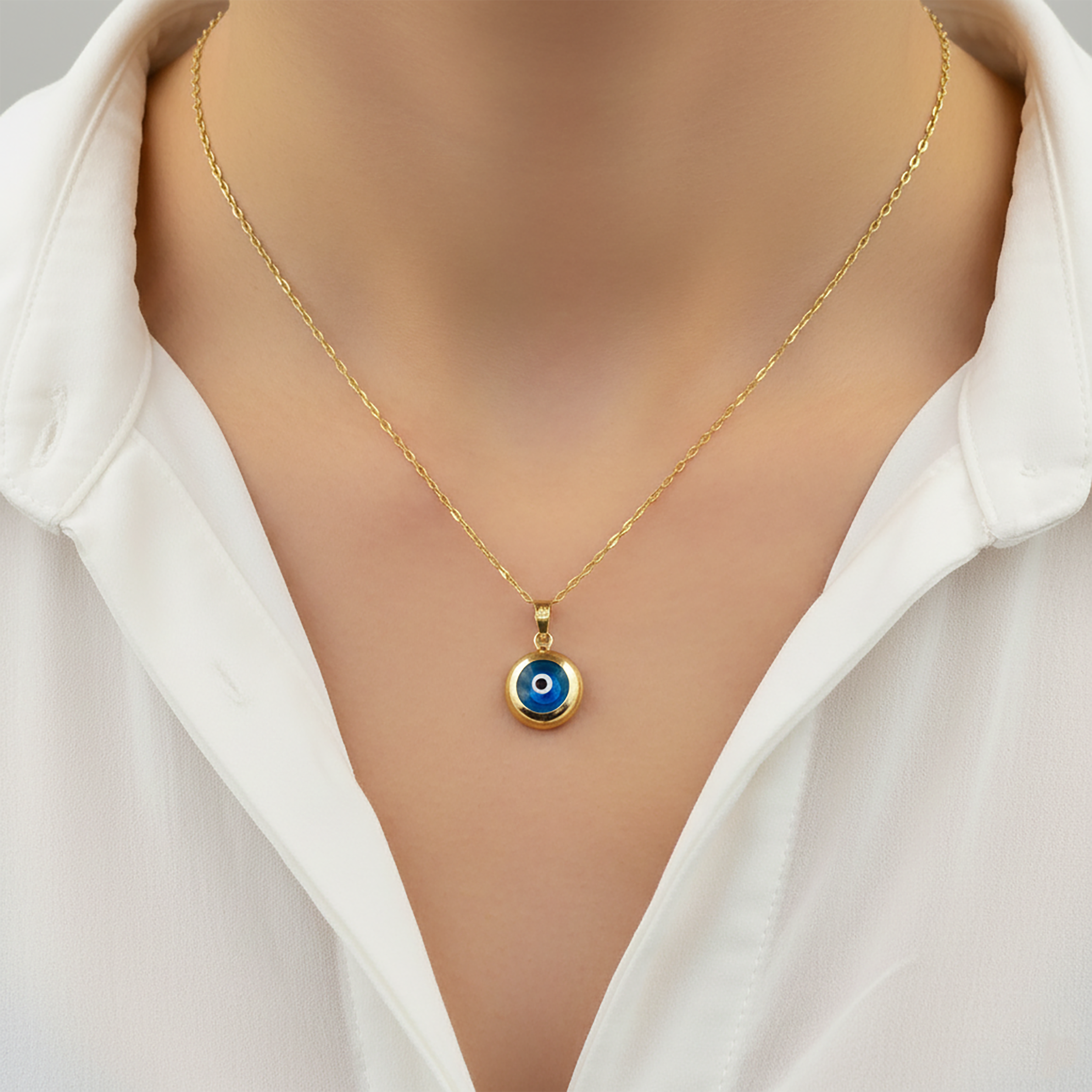 10K Gold Evil Eye Pendant Necklace: Blue Glass Amulet