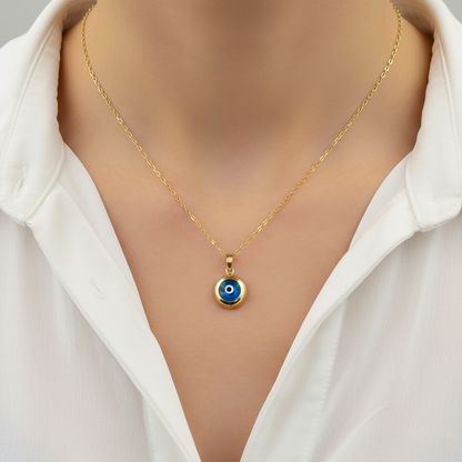 10K Gold Evil Eye Pendant Necklace: Blue Glass Amulet
