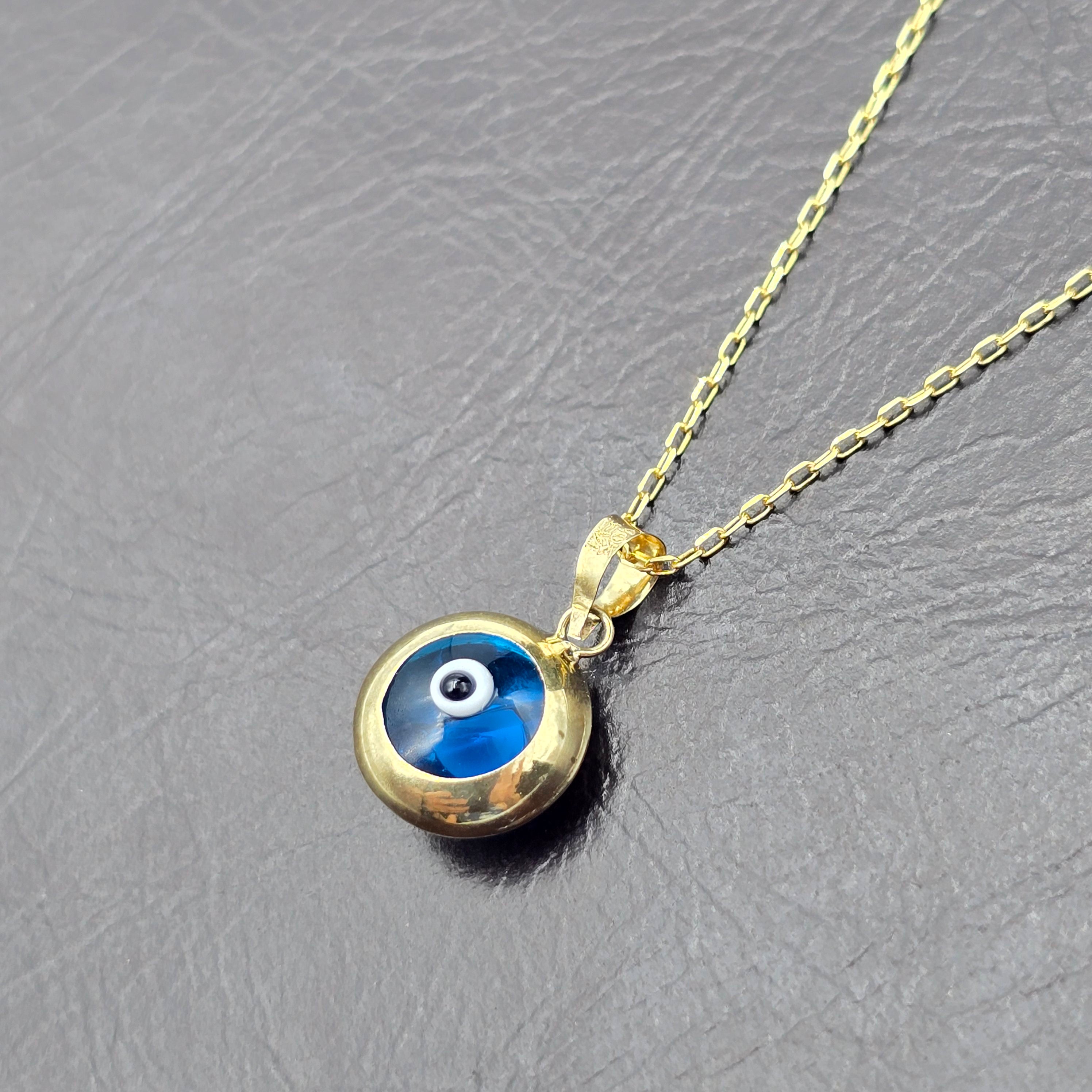 10K Gold Evil Eye Pendant Necklace: Blue Glass Amulet