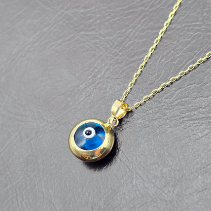 10K Gold Evil Eye Pendant Necklace: Blue Glass Amulet
