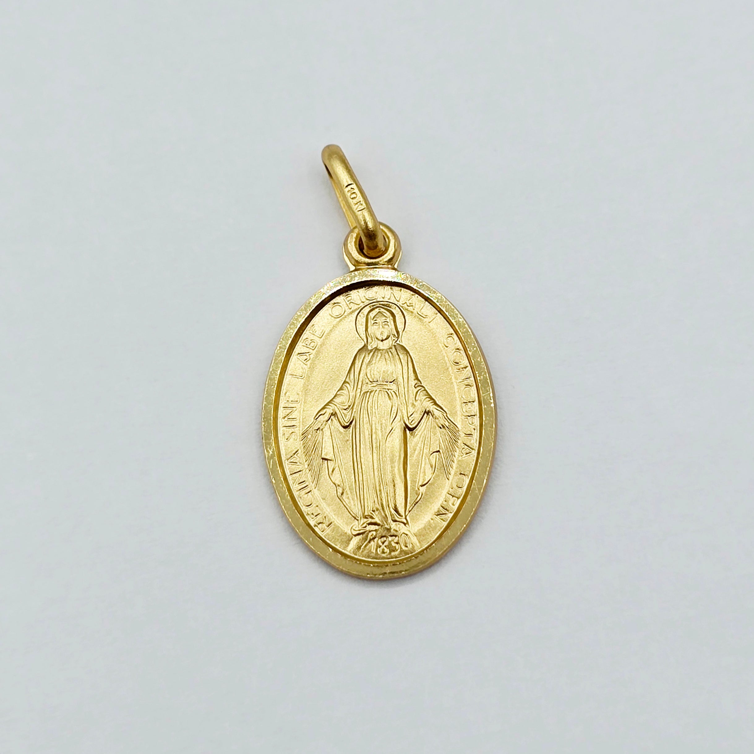 10K Solid Gold Miraculous Medal Pendant: Oval Virgin Mary Charm