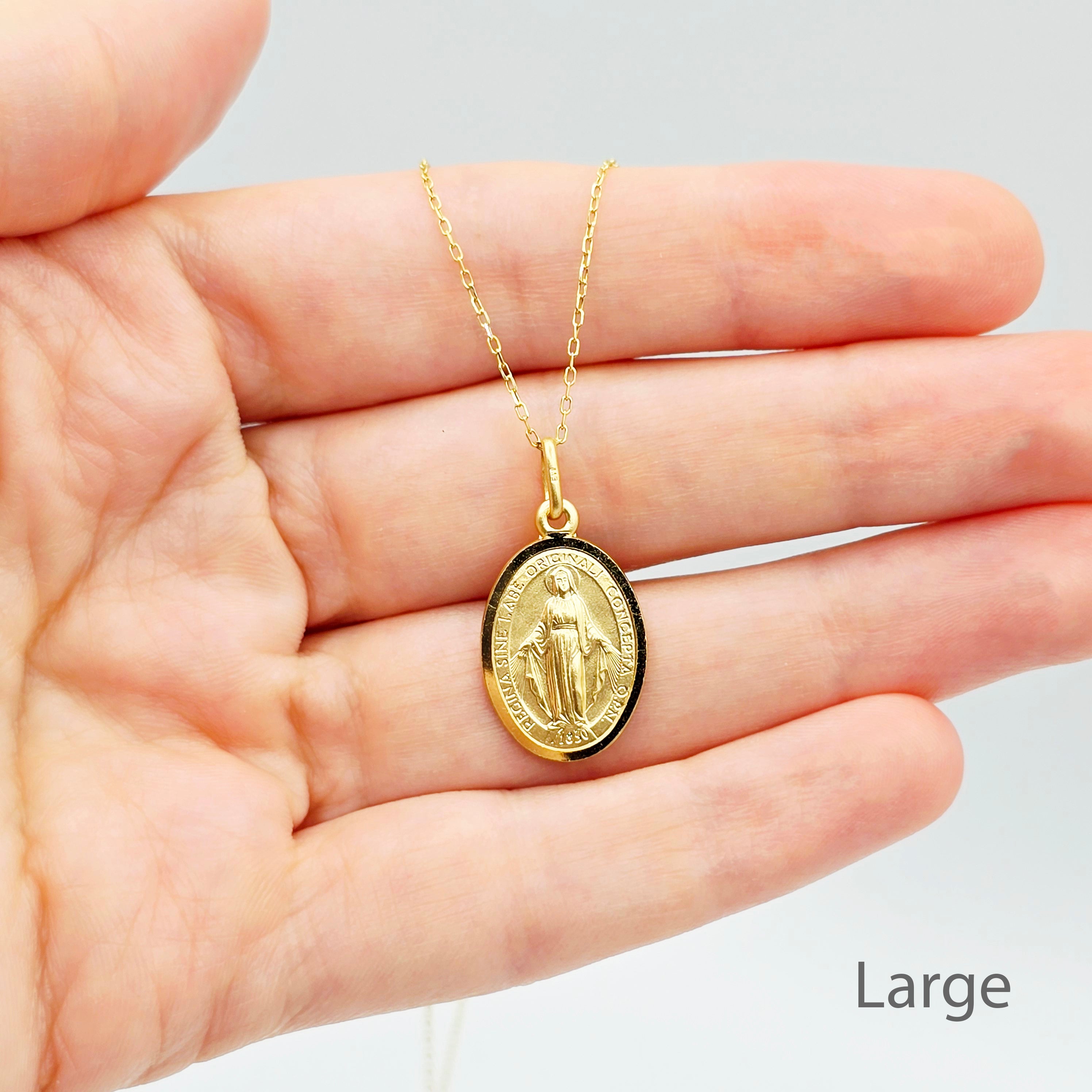10K Solid Gold Miraculous Medal Pendant: Oval Virgin Mary Charm
