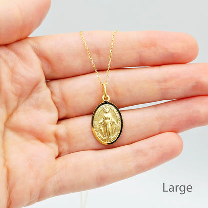 10K Solid Gold Miraculous Medal Pendant: Oval Virgin Mary Charm