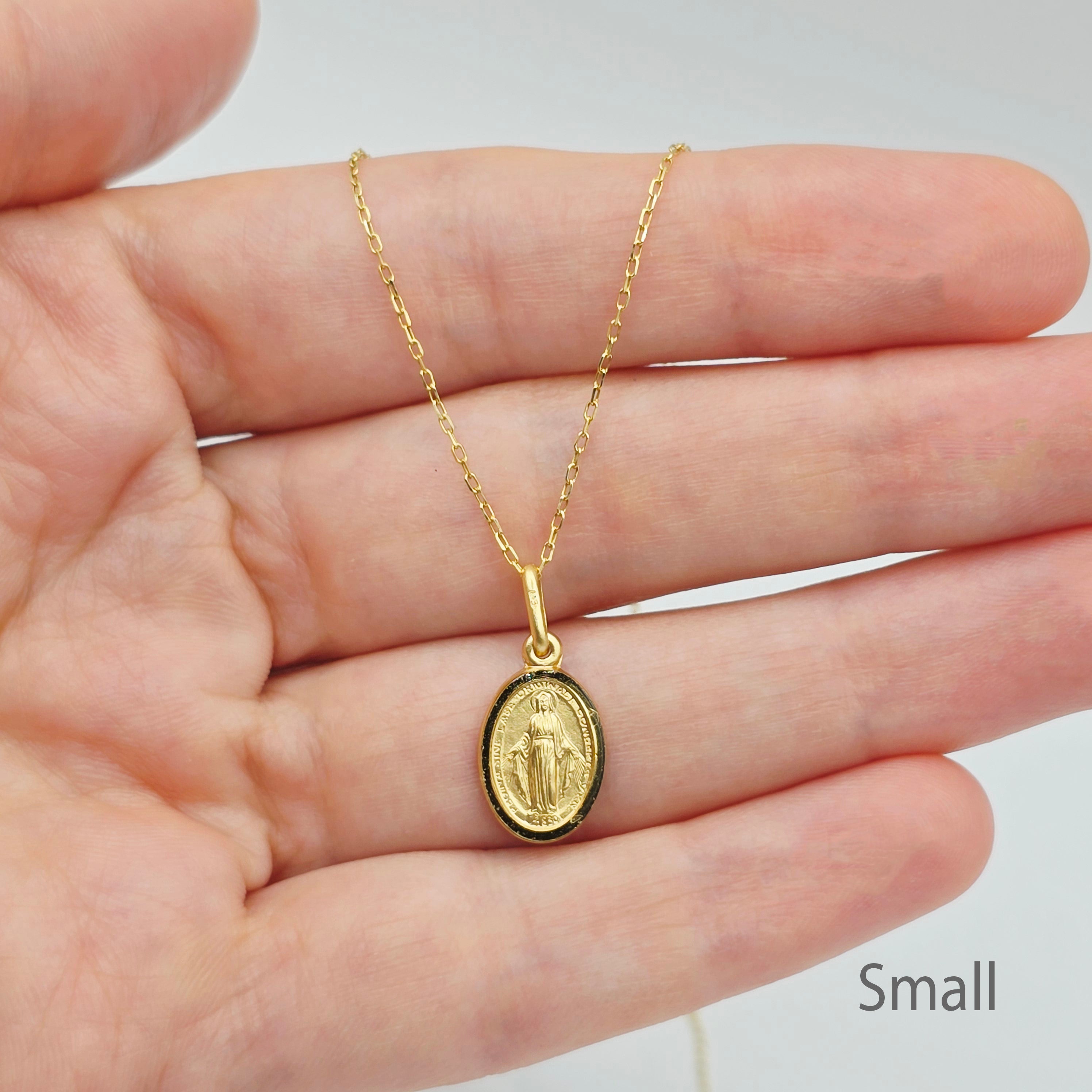 10K Solid Gold Miraculous Medal Pendant: Oval Virgin Mary Charm