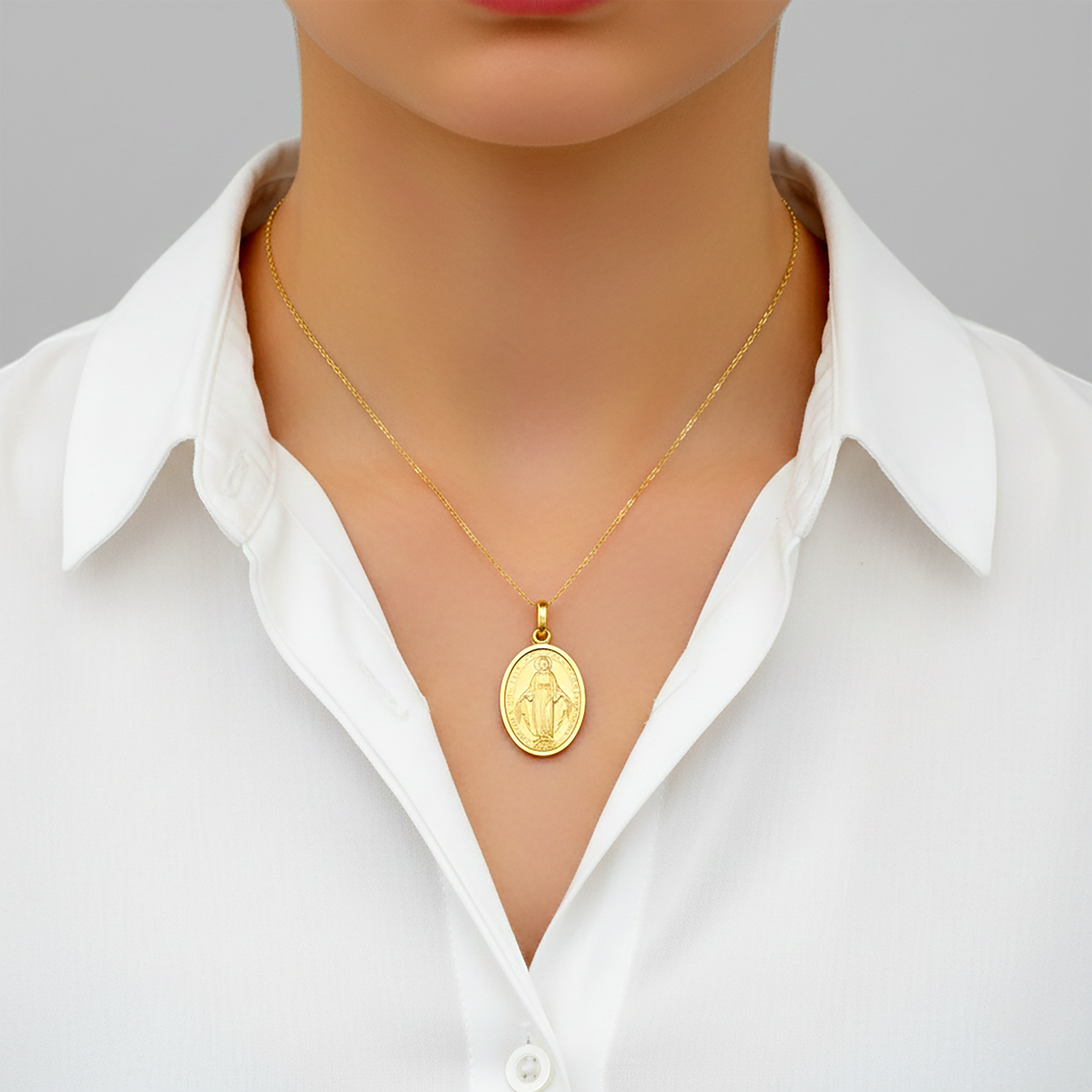 10K Solid Gold Miraculous Medal Pendant: Oval Virgin Mary Charm