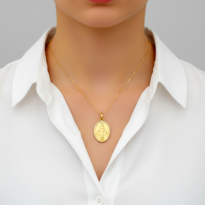10K Solid Gold Miraculous Medal Pendant: Oval Virgin Mary Charm