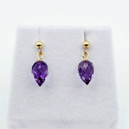 14K Yellow Gold Genuine Amethyst Drop Stud Earrings, Briolette Cut Amethyst Jewellery