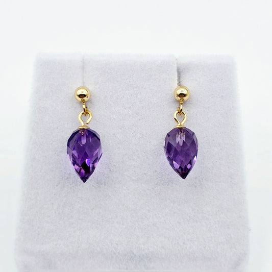 14K Yellow Gold Genuine Amethyst Drop Stud Earrings, Briolette Cut Amethyst Jewellery
