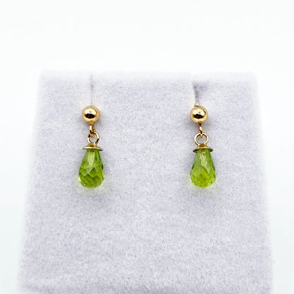 14K Yellow Gold Genuine Peridot Drop Stud Earrings, Briolette Cut Light Green Peridot Drop Earrings August Birthstone Jewellery