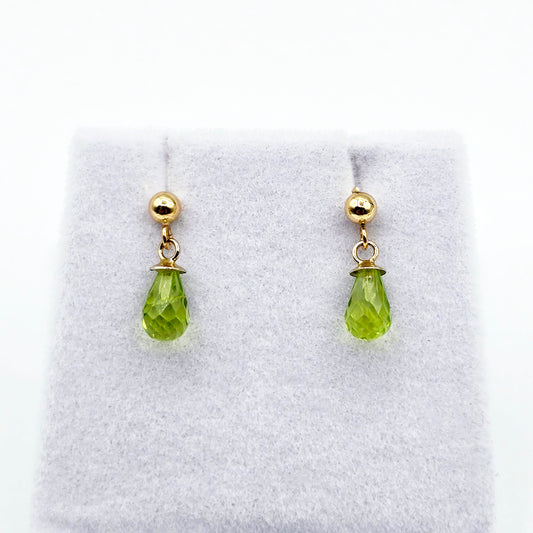14K Yellow Gold Genuine Peridot Drop Stud Earrings, Briolette Cut Light Green Peridot Drop Earrings August Birthstone Jewellery