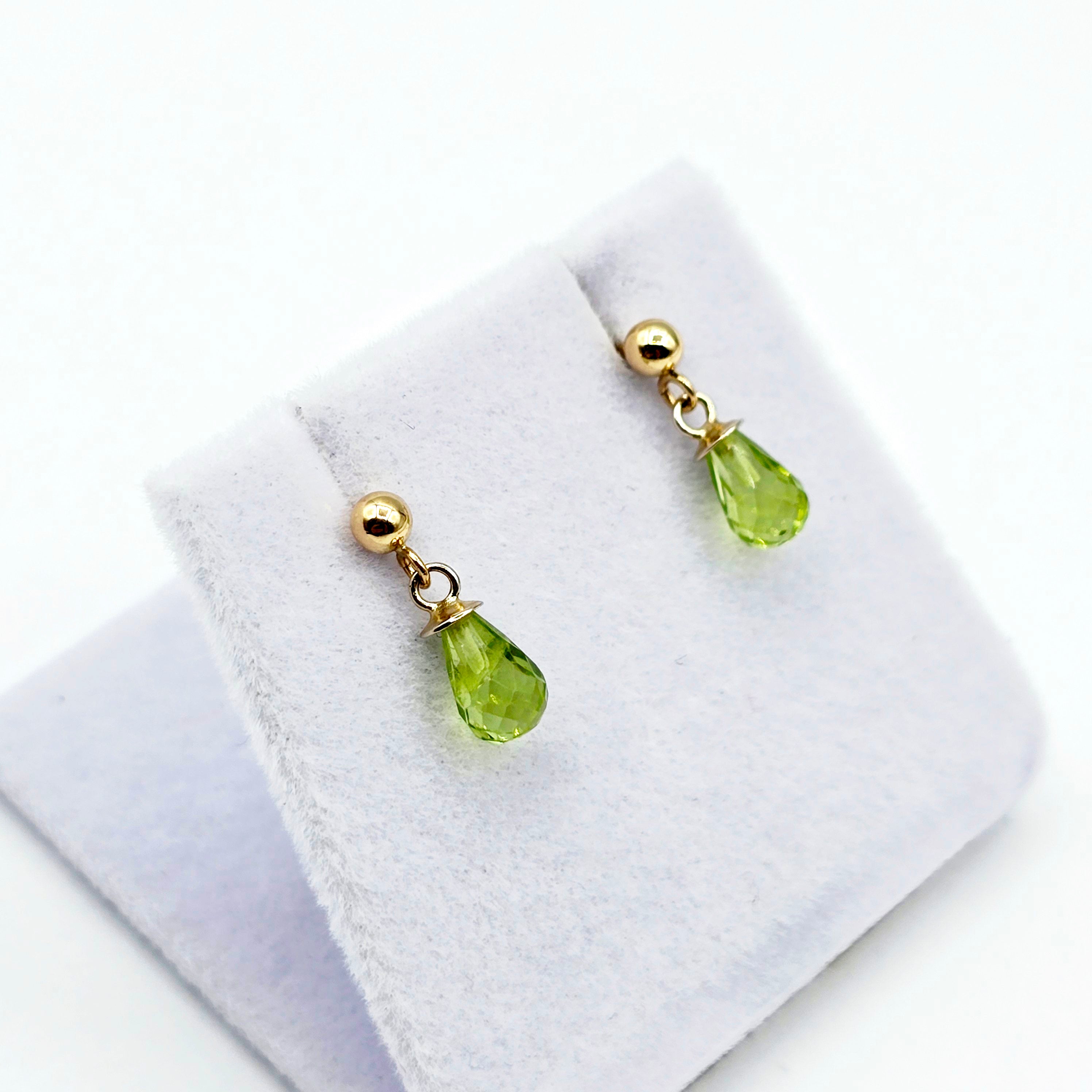 14K Yellow Gold Genuine Peridot Drop Stud Earrings, Briolette Cut Light Green Peridot Drop Earrings August Birthstone Jewellery