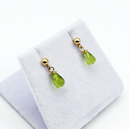 14K Yellow Gold Genuine Peridot Drop Stud Earrings, Briolette Cut Light Green Peridot Drop Earrings August Birthstone Jewellery