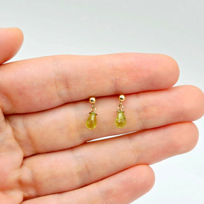 14K Yellow Gold Genuine Peridot Drop Stud Earrings, Briolette Cut Light Green Peridot Drop Earrings August Birthstone Jewellery