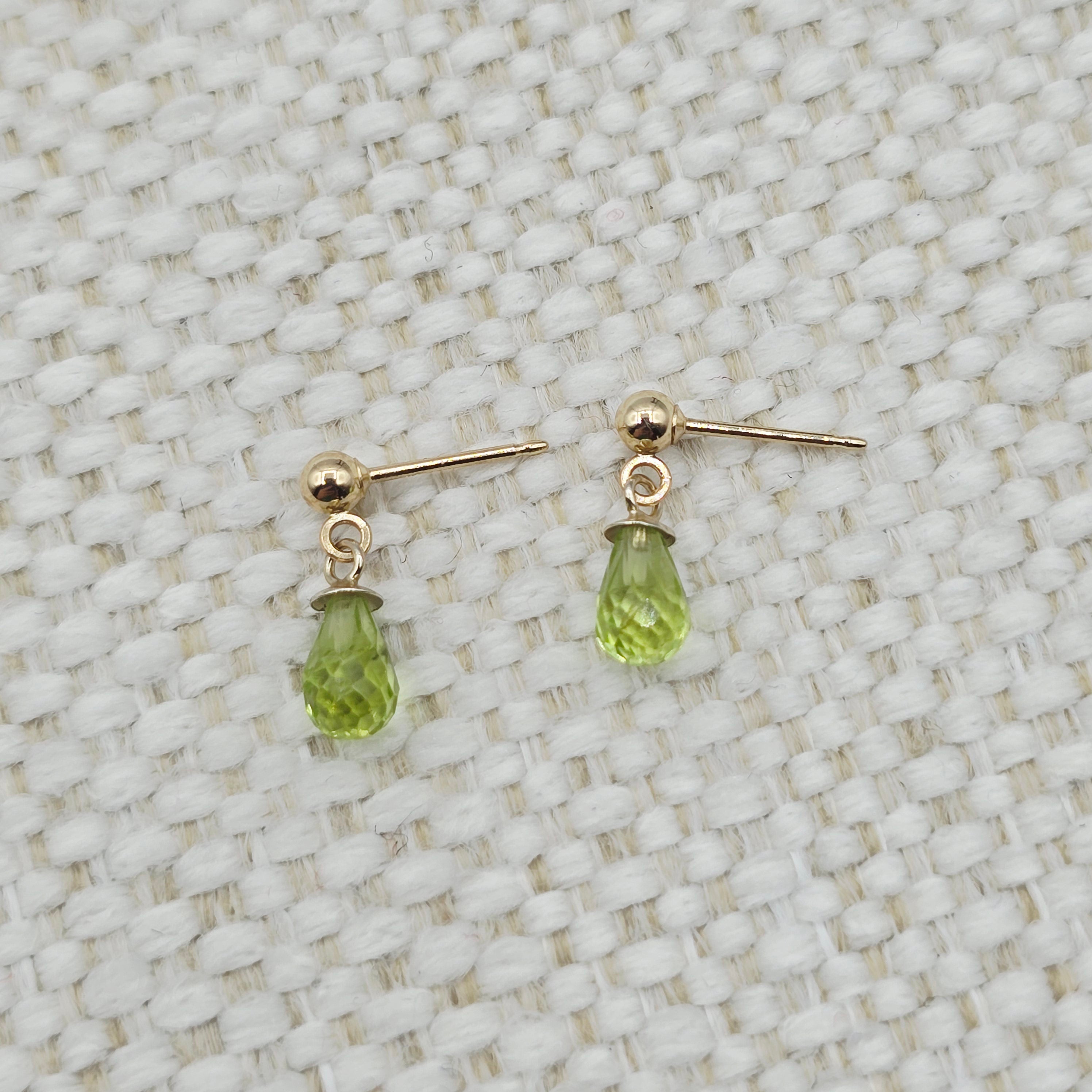 14K Yellow Gold Genuine Peridot Drop Stud Earrings, Briolette Cut Light Green Peridot Drop Earrings August Birthstone Jewellery