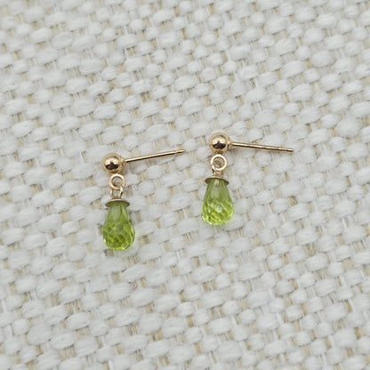 14K Yellow Gold Genuine Peridot Drop Stud Earrings, Briolette Cut Light Green Peridot Drop Earrings August Birthstone Jewellery