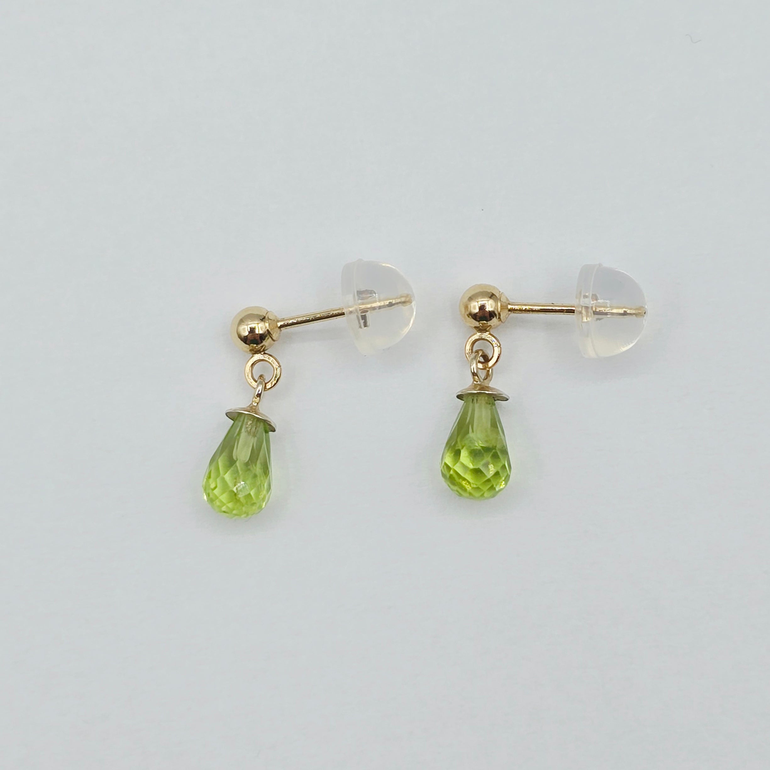 14K Yellow Gold Genuine Peridot Drop Stud Earrings, Briolette Cut Light Green Peridot Drop Earrings August Birthstone Jewellery