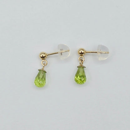 14K Yellow Gold Genuine Peridot Drop Stud Earrings, Briolette Cut Light Green Peridot Drop Earrings August Birthstone Jewellery