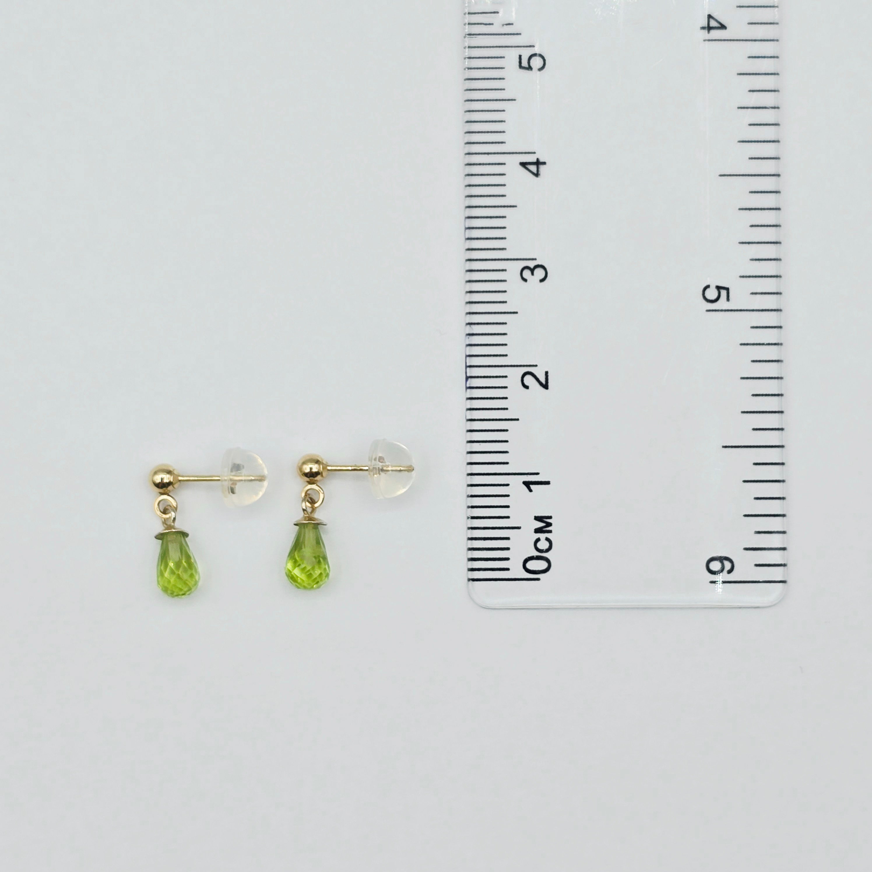 14K Yellow Gold Genuine Peridot Drop Stud Earrings, Briolette Cut Light Green Peridot Drop Earrings August Birthstone Jewellery