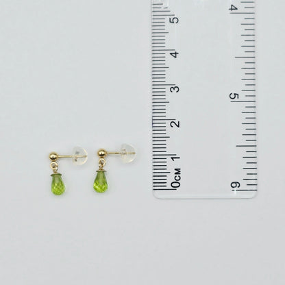 14K Yellow Gold Genuine Peridot Drop Stud Earrings, Briolette Cut Light Green Peridot Drop Earrings August Birthstone Jewellery