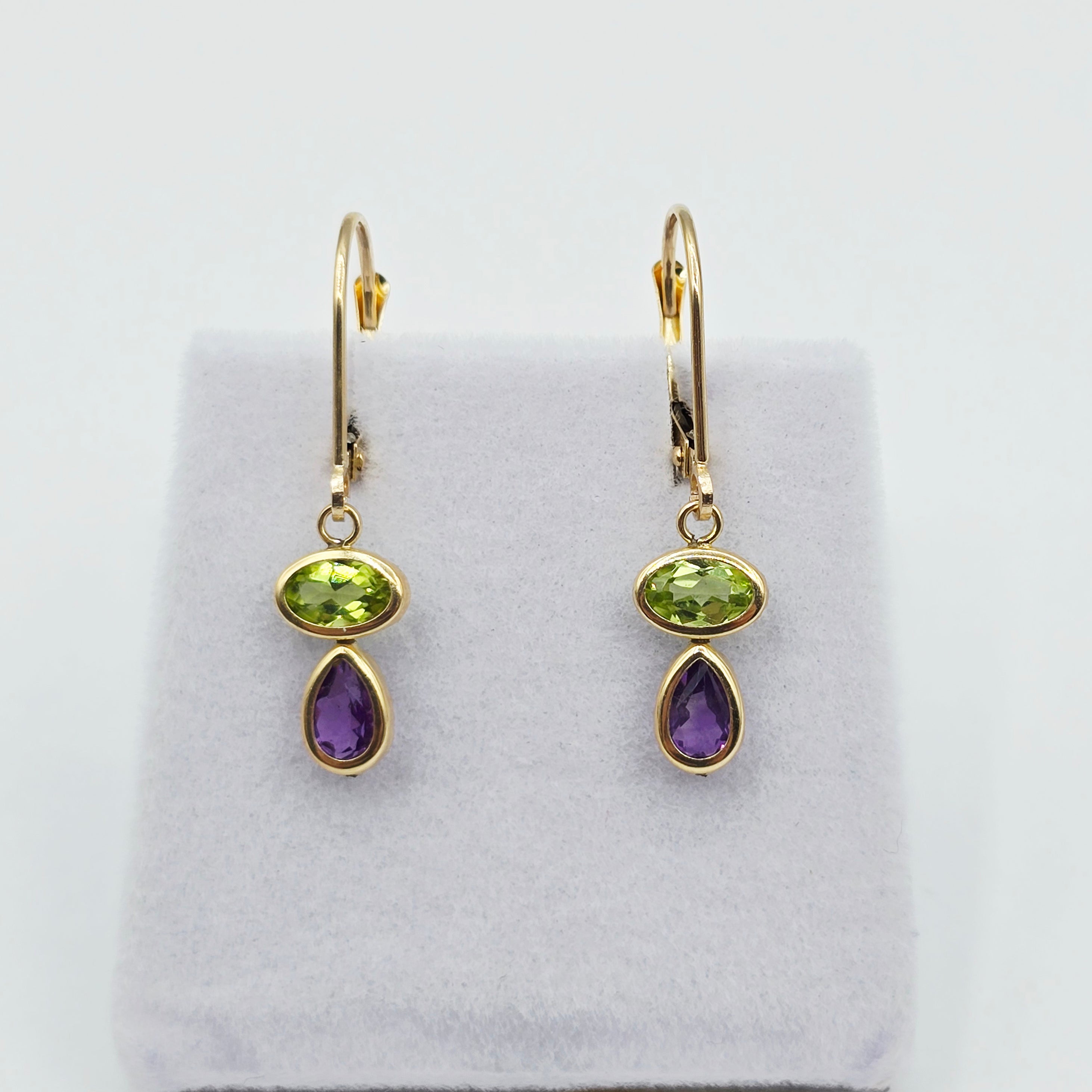 14K Yellow Gold Peridot and Amethyst Drop Earrings , Genuine Gemstone Dangle Lever back Earrings , Green and Purple Birthstone Earrings