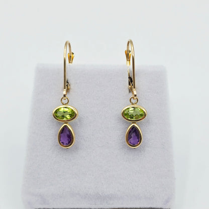 14K Yellow Gold Peridot and Amethyst Drop Earrings , Genuine Gemstone Dangle Lever back Earrings , Green and Purple Birthstone Earrings