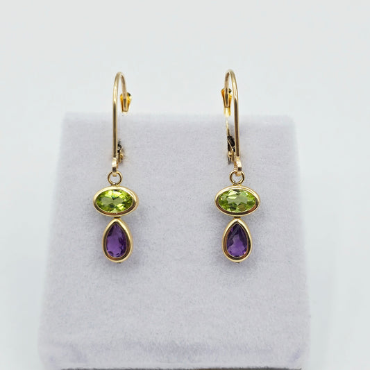14K Yellow Gold Peridot and Amethyst Drop Earrings , Genuine Gemstone Dangle Lever back Earrings , Green and Purple Birthstone Earrings
