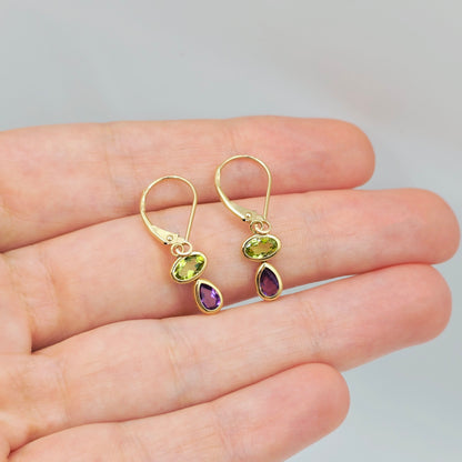 14K Yellow Gold Peridot and Amethyst Drop Earrings , Genuine Gemstone Dangle Lever back Earrings , Green and Purple Birthstone Earrings