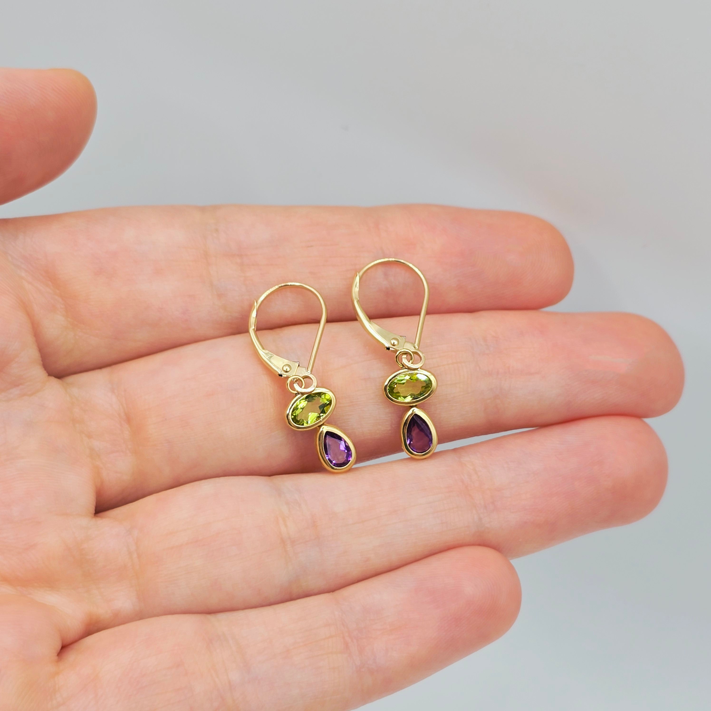 14K Yellow Gold Peridot and Amethyst Drop Earrings , Genuine Gemstone Dangle Lever back Earrings , Green and Purple Birthstone Earrings