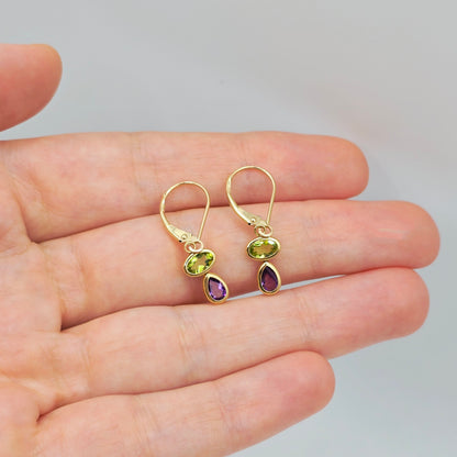14K Yellow Gold Peridot and Amethyst Drop Earrings , Genuine Gemstone Dangle Lever back Earrings , Green and Purple Birthstone Earrings