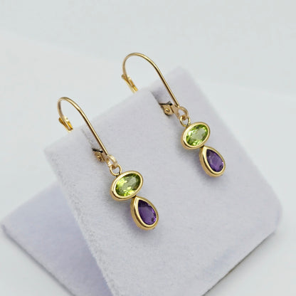 14K Yellow Gold Peridot and Amethyst Drop Earrings , Genuine Gemstone Dangle Lever back Earrings , Green and Purple Birthstone Earrings