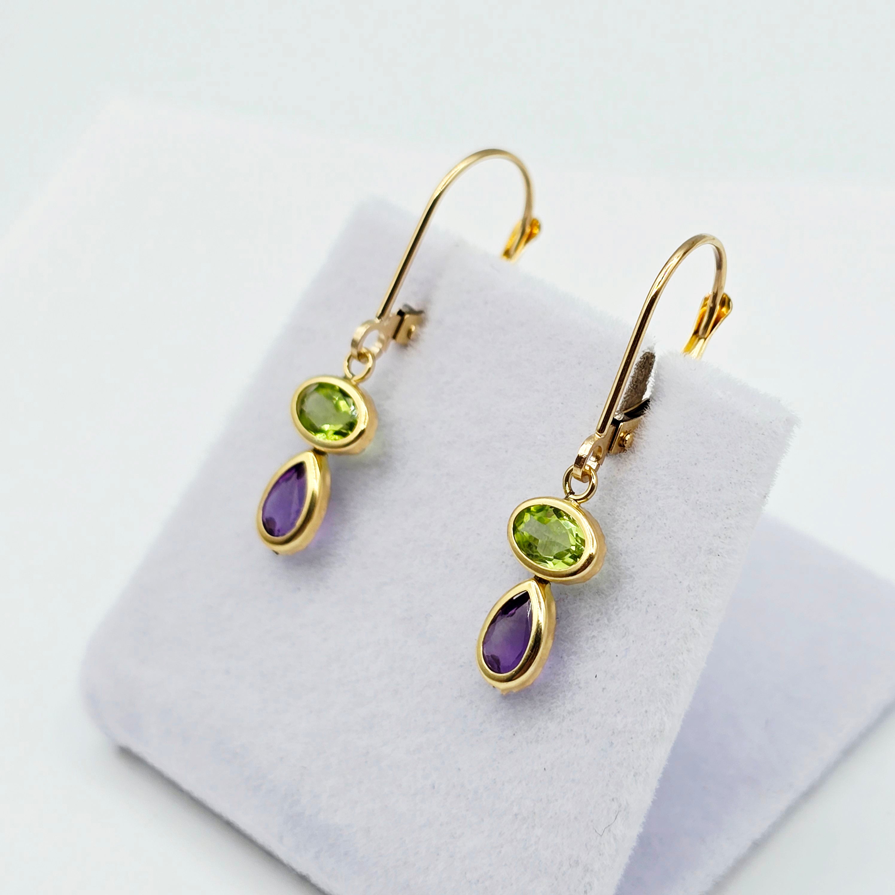 14K Yellow Gold Peridot and Amethyst Drop Earrings , Genuine Gemstone Dangle Lever back Earrings , Green and Purple Birthstone Earrings