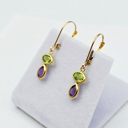 14K Yellow Gold Peridot and Amethyst Drop Earrings , Genuine Gemstone Dangle Lever back Earrings , Green and Purple Birthstone Earrings