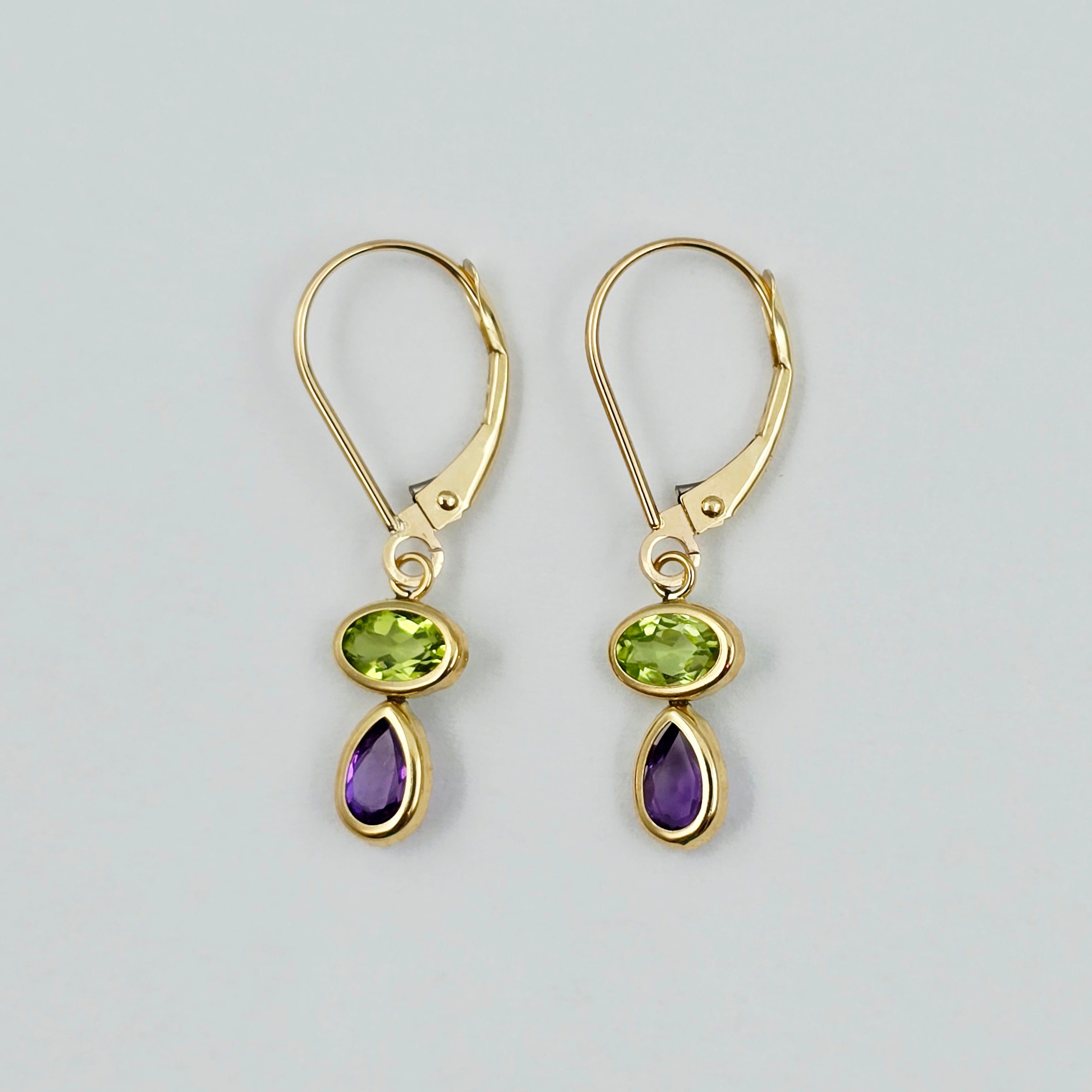 14K Yellow Gold Peridot and Amethyst Drop Earrings , Genuine Gemstone Dangle Lever back Earrings , Green and Purple Birthstone Earrings
