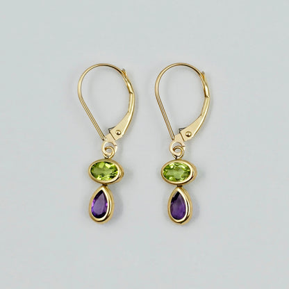 14K Yellow Gold Peridot and Amethyst Drop Earrings , Genuine Gemstone Dangle Lever back Earrings , Green and Purple Birthstone Earrings