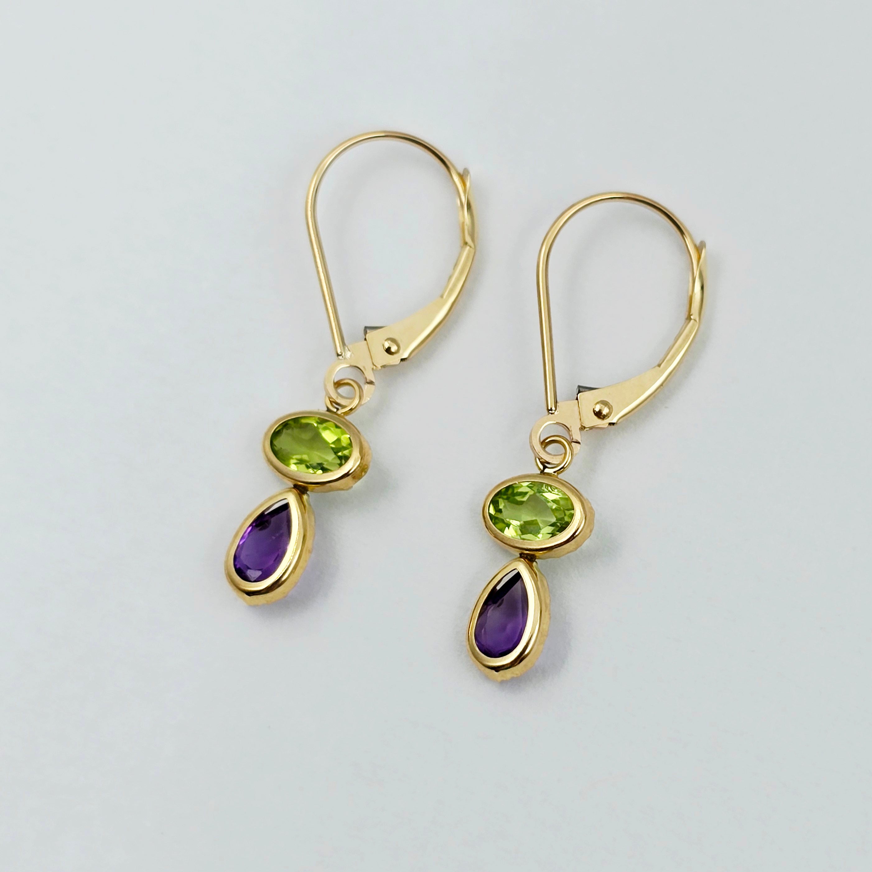 14K Yellow Gold Peridot and Amethyst Drop Earrings , Genuine Gemstone Dangle Lever back Earrings , Green and Purple Birthstone Earrings