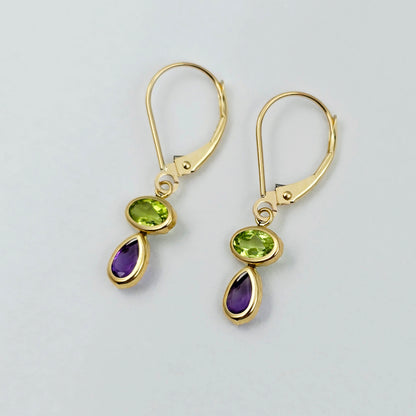 14K Yellow Gold Peridot and Amethyst Drop Earrings , Genuine Gemstone Dangle Lever back Earrings , Green and Purple Birthstone Earrings