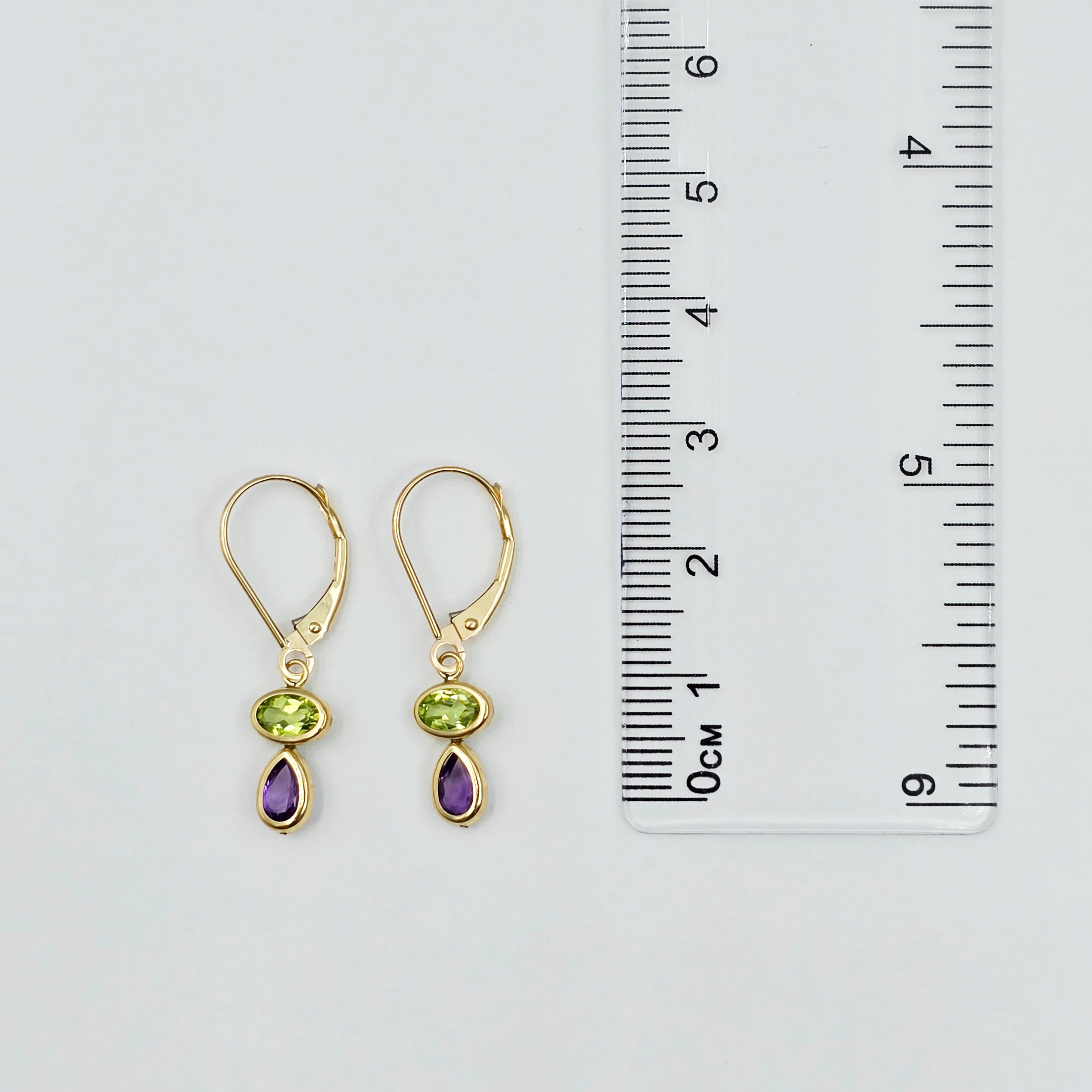 14K Yellow Gold Peridot and Amethyst Drop Earrings , Genuine Gemstone Dangle Lever back Earrings , Green and Purple Birthstone Earrings