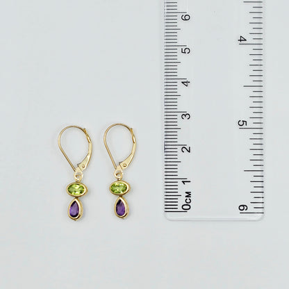 14K Yellow Gold Peridot and Amethyst Drop Earrings , Genuine Gemstone Dangle Lever back Earrings , Green and Purple Birthstone Earrings