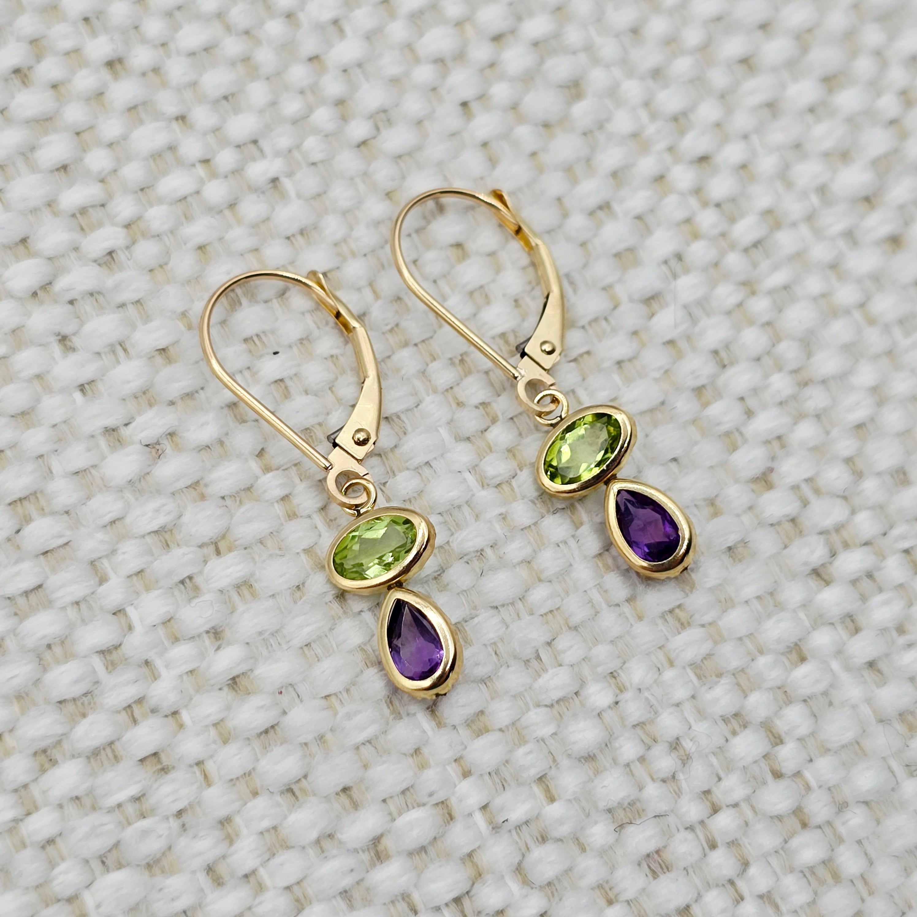 14K Yellow Gold Peridot and Amethyst Drop Earrings , Genuine Gemstone Dangle Lever back Earrings , Green and Purple Birthstone Earrings