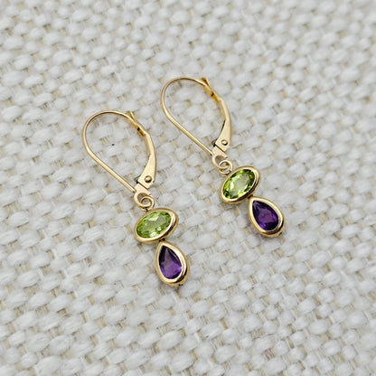 14K Yellow Gold Peridot and Amethyst Drop Earrings , Genuine Gemstone Dangle Lever back Earrings , Green and Purple Birthstone Earrings