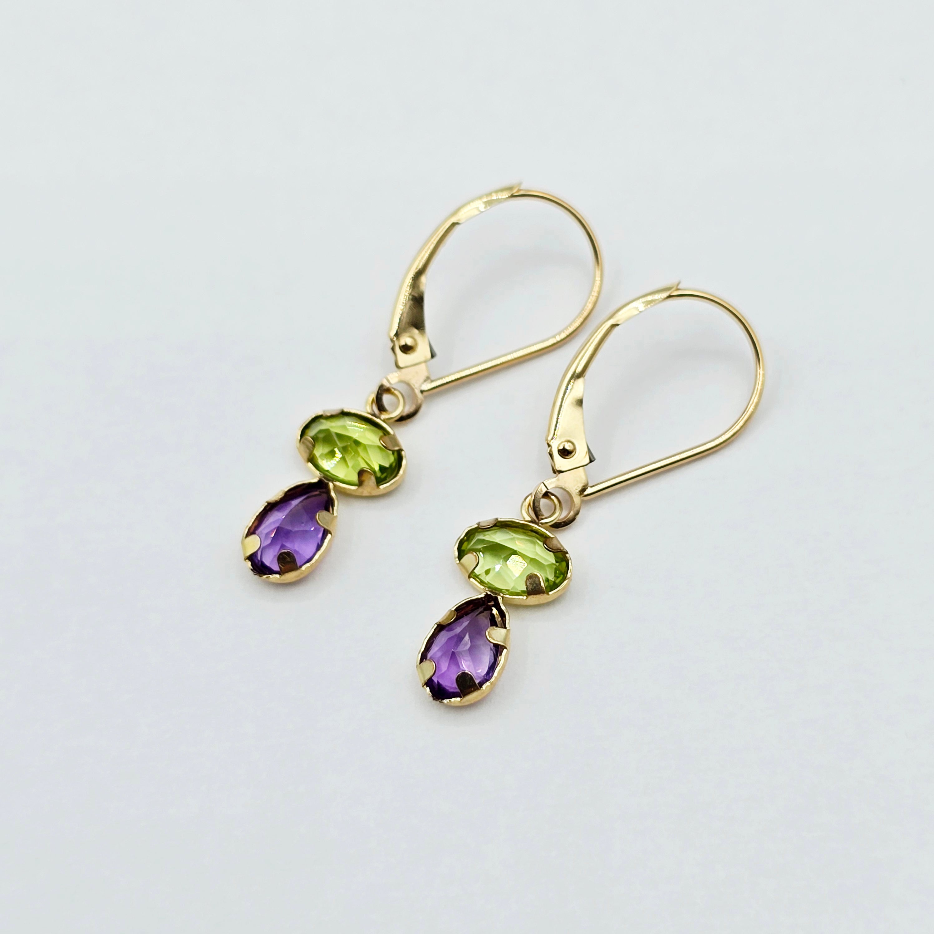 14K Yellow Gold Peridot and Amethyst Drop Earrings , Genuine Gemstone Dangle Lever back Earrings , Green and Purple Birthstone Earrings