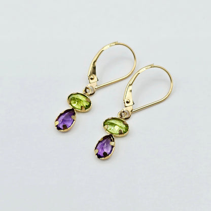 14K Yellow Gold Peridot and Amethyst Drop Earrings , Genuine Gemstone Dangle Lever back Earrings , Green and Purple Birthstone Earrings