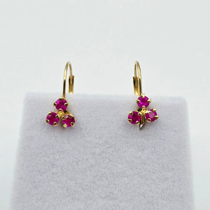 14K Yellow Gold Ruby Earrings , Dangle Lever back Gemstone Earrings